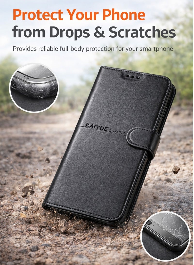 كايا جراب جلد أنيق وش وظهر لموبايل Vivo V60 – حماية متكاملة من الصدمات والخدوش اليومية – لون أسود فاخر - Image 4